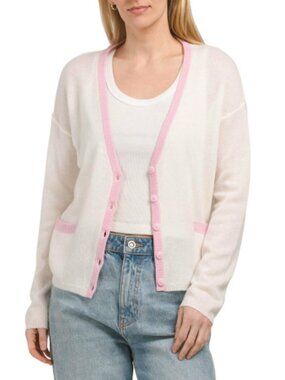 New Noname 100% Cashmere Contrast Trim Cardigan Ivory Pink Large $129